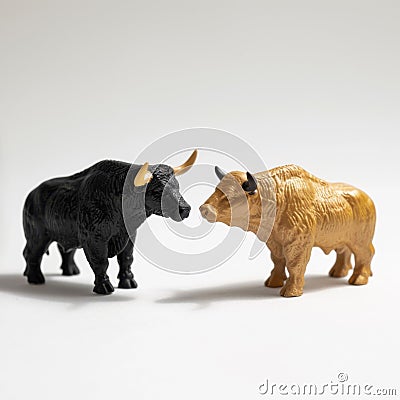 Two miniature bull figurines facing each other on white background Stock Photo