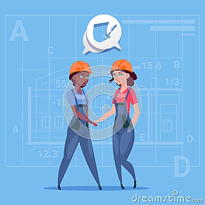 Two Mix Race Female Builders Shaking Hands Agreement Concept Cartoon Business Women Cooperation Vector Illustration