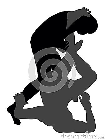 Two mma fighters silhouette. Cage rage fight show. Multi martial arts spectacle. Cartoon Illustration