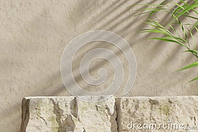 Two mockup boulders against a beige stone wall. Stage for product presentation. Shallow depth of field. 3D render. Cartoon Illustration