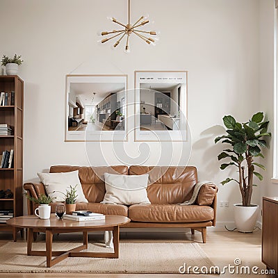 Two mock up posters frame on wall in modern interior background, living room. Books on cabinet. Scandinavian style. ing. Stock Photo