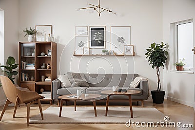 Two mock up posters frame on wall in modern interior background, living room. Books on cabinet. Scandinavian style. ing. Stock Photo