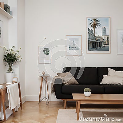 Two mock up posters frame on wall in modern interior background, living room. Books on cabinet. Scandinavian style. ing. Stock Photo