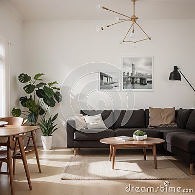 Two mock up posters frame on wall in modern interior background, living room. Books on cabinet. Scandinavian style. ing. Stock Photo