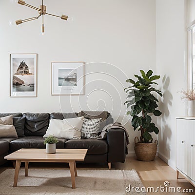 Two mock up posters frame on wall in modern interior background, living room. Books on cabinet. Scandinavian style. ing. Stock Photo