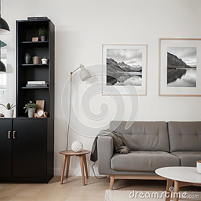 Two mock up posters frame on wall in modern interior background, living room. Books on cabinet. Scandinavian style. ing. Stock Photo