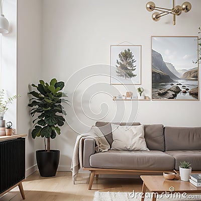 Two mock up posters frame on wall in modern interior background, living room. Books on cabinet. Scandinavian style. ing. Stock Photo