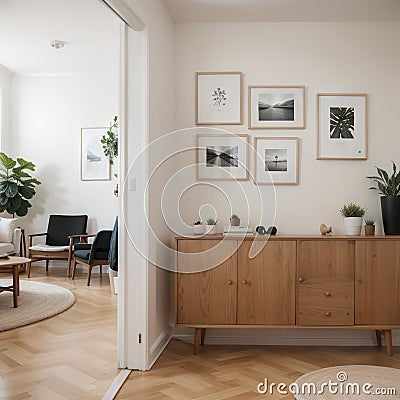 Two mock up posters frame on wall in modern interior background, living room. Books on cabinet. Scandinavian style. ing. Stock Photo