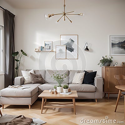 Two mock up posters frame on wall in modern interior background, living room. Books on cabinet. Scandinavian style. ing. Stock Photo