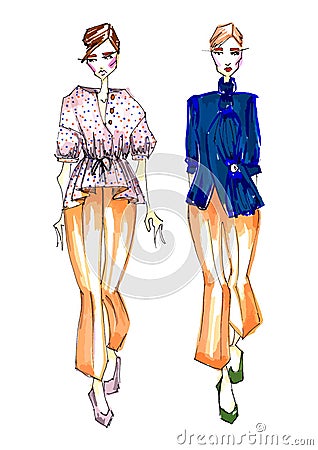 Two models of fashion sketches with breeches and blue office blouse Stock Photo