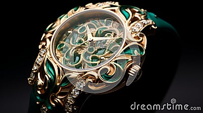 Art Nouveau Inspired Green And Gold Watch With Intricate Details Stock Photo