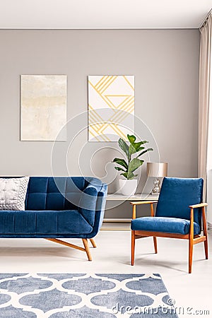 Two modern art paintings hanging on wall in real photo of bright sitting room interior with blue couch and armchair, fresh plant a Stock Photo