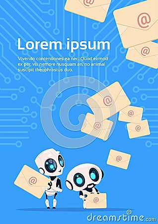 Two Modern Robots Chatter Bots With Email Letters Chatbots Over Circuit Background With Copy Space Vector Illustration