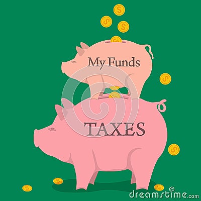 Two money pigs with coins - funds and taxes Vector Illustration