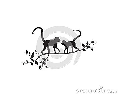 Two monkeys on branch, vector. Monkeys silhouettes on tree illustration. Wall artwork, wall decals Vector Illustration