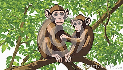 Two monkeys sitting on a tree branch Stock Photo