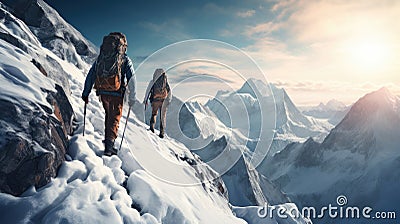 Two mountaineers on the snowy mountains in the evening walk in a Dangerous path, generative ai. Stock Photo