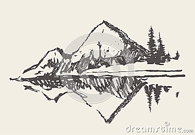 Two mountains spruce forest and lake vector sketch Vector Illustration