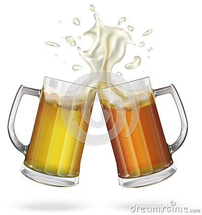 Two mugs with ale, light or dark beer. Mug with beer. Vector Illustration