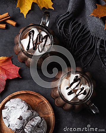 Two mugs of aroma hot chocolate with marshmallows on a dark background with autumn maple leaves, cookies and gray scarf. Concept Stock Photo