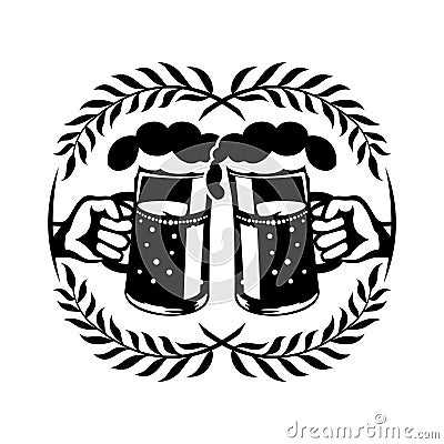 Two mugs with beer in hands. Vector Illustration