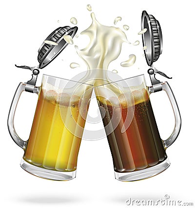 Two mugs with cap with ale, light or dark beer. Mug with beer. Glass. Vector Vector Illustration