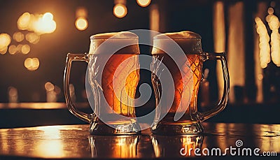 Two mugs full of fresh beer on bar table in dark interior, generative ai Cartoon Illustration