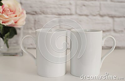 Two Mugs. White Mugs Mockup. Blank White Coffee Mug Mock up. Styled Photography. Coffee Cup Product Display Stock Photo