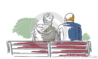 Two multiethnic men sit on bench view from back vector drawing, Male couple different race sitting together Vector Illustration