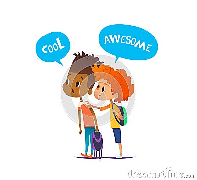 Two multiracial boys with backpacks stand amazed and surprised. Pair of school friends look in astonishment in one Vector Illustration