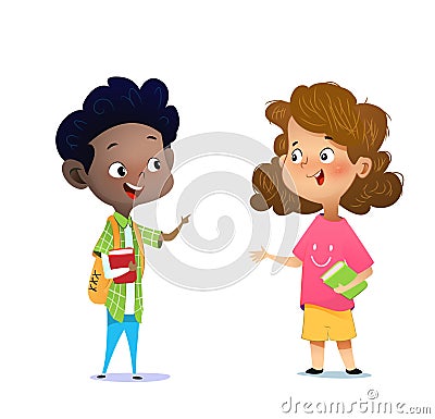 Two multiracial children studying, reading books and discuss Vector Illustration