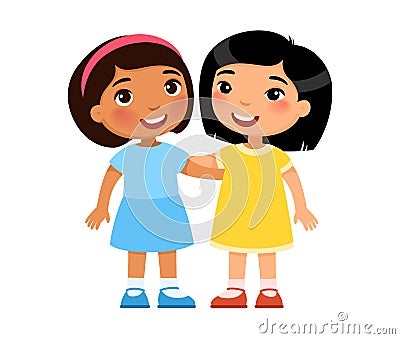 Two multiracial little girls hugging, cartoon characters. Smiling kids, Friendship concept. Vector Illustration