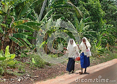 Two muslim schoolgirls in headscarves walk along road in jungle. Editorial Stock Photo