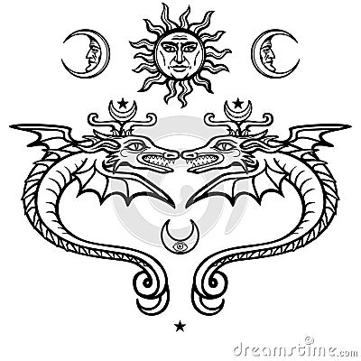 Two mystical winged snakes. Alchemical symbols. Religion, mysticism, occultism, sorcery. Vector Illustration