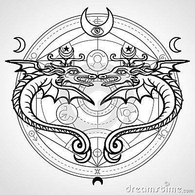 Two mystical winged snakes. A background - the Alchemical circle. Religion, mysticism, occultism, sorcery. Vector Illustration