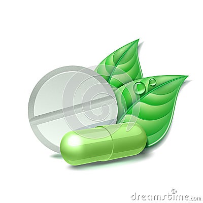 Two natural medical pills with green leaves. Pharmaceutical vector symbol with leaf for pharmastore Vector Illustration