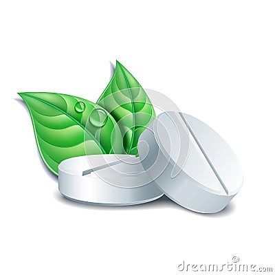 Two natural medical pills with green leaves. Pharmaceutical vector symbol with leaf for pharmastore Vector Illustration