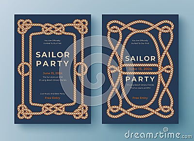 Two nautical templates. Rope frame border. Graphic design element for greeting card, poster, flyer, banner, invitation etc Vector Illustration