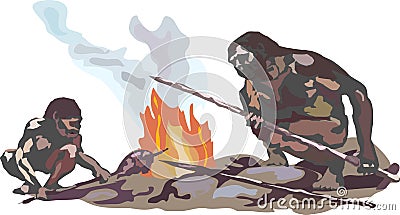 Two Neanderthals. 2 aborigines. Two cavemen are sitting on stones by the smoking fire holding spears in their hands. Stock Photo