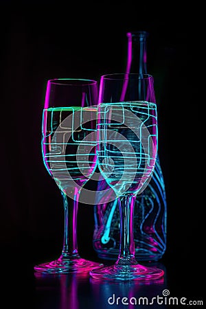 Two neon clink wine glasses with champagne and bubbles. Abstract geometric background. Stock Photo