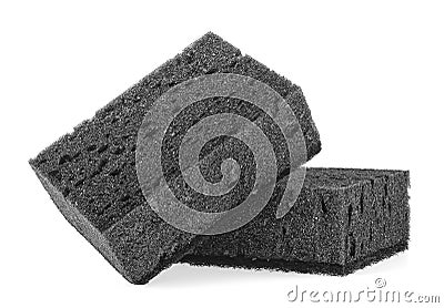 Two new absorbent black sponge isolated on white background. Black kitchen sponges Stock Photo