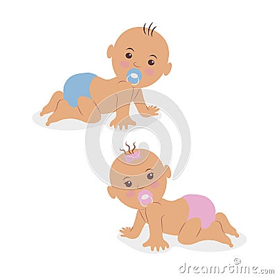 Two newborn babies crawling on all fours in diapers. Vector Illustration