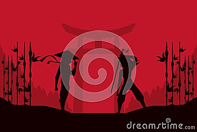 two ninjas with bamboo silhouettes Vector Illustration