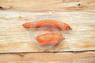 Two non-standard ugly carrots are lying horizontally on tree bark. Stock Photo