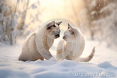 Two norwegian cats are playing in the snow. Hello winter Stock Photo