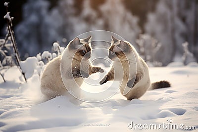 Two norwegian cats are playing in the snow. Hello winter Stock Photo