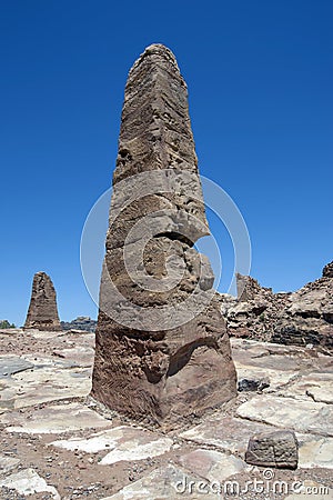 The two obelisks marking the entrance to the High Place of Sacrifice at Petra in Jordan. Stock Photo