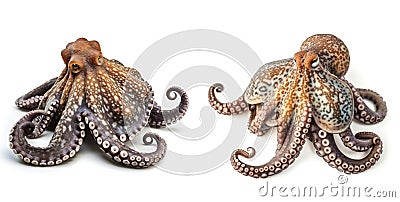 Two octopuses. Sea animals, isolated on white background. Collection of ocean inhabitants. Marine life. Undersea Stock Photo