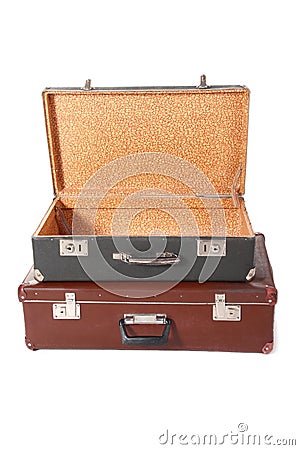 Two old dirty dusty suitcase. Isolated. Stock Photo