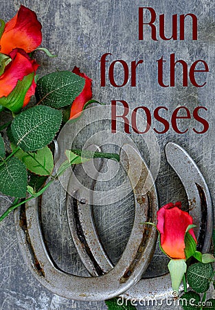 Two old horse shoes paired with silk red roses on a scratched up steel background Stock Photo